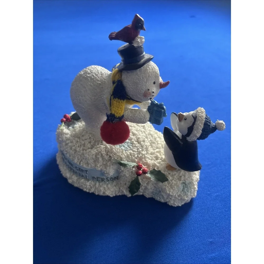 Snowman With Penguin Figurine Musical Box Works Wish You A Merry X-mas 6.5